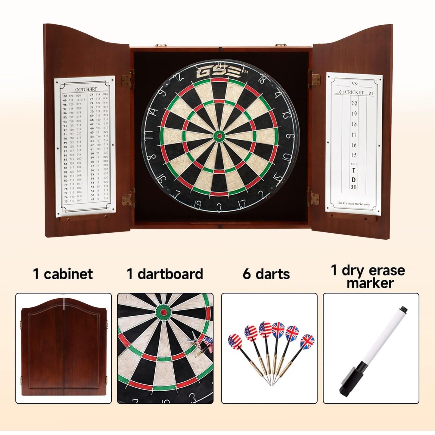 GSE Professional Solid Wood Classic Dartboard Cabinet with Sisal/Bristle Dartboard, Dart Scoreboard, and 6 Steel Tip Darts, Easy Assembly Complete with All Accessories(Deluxe Walnut) - WoodArtSupply