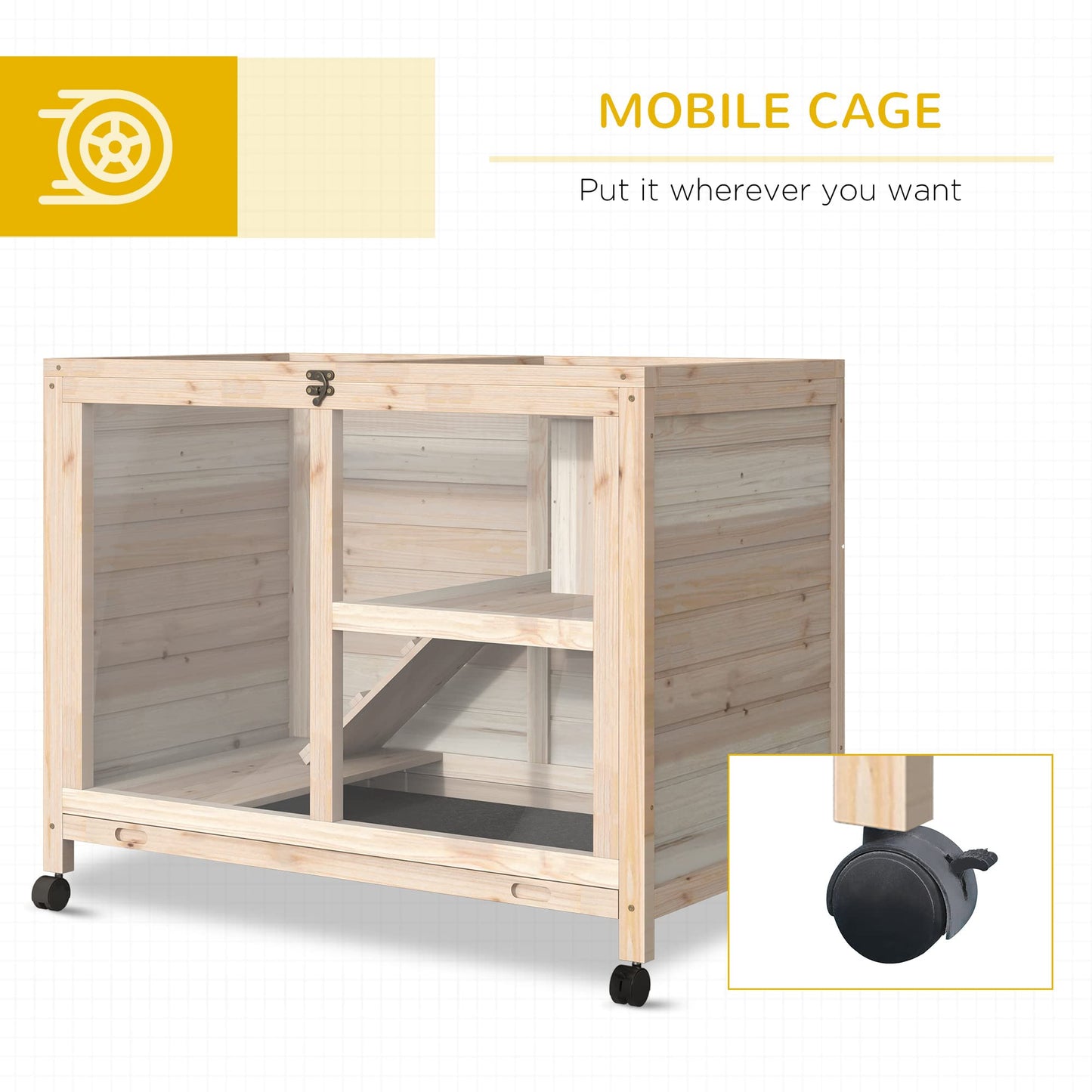 PawHut Indoor Rabbit Hutch with Wheels, Desk and Side Table Sized, Wood Rabbit Cage, Waterproof Small Rabbit Cage, Natural - WoodArtSupply