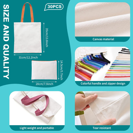 MAFYE 30 Pack Sublimation Blanks Tote bags, Reusable Grocery Bags DIY Heat Transfer Canvas Tote Bags Cosmetic Makeup Bags Shopping Bags with Customized Color for DIY, Advertising, Christmas Craft MAFYE