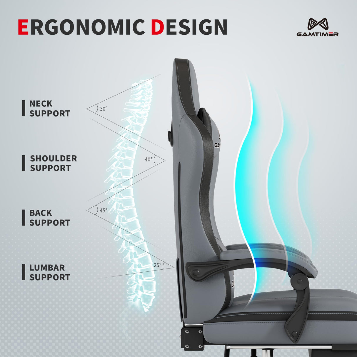 Gaming Chair with Footrest, Ergonomic Computer Chair, PU Breathable Material with Headrest and Lumbar Support, Suitable for Silla Gamer and Adults (Grey) Gamtimer
