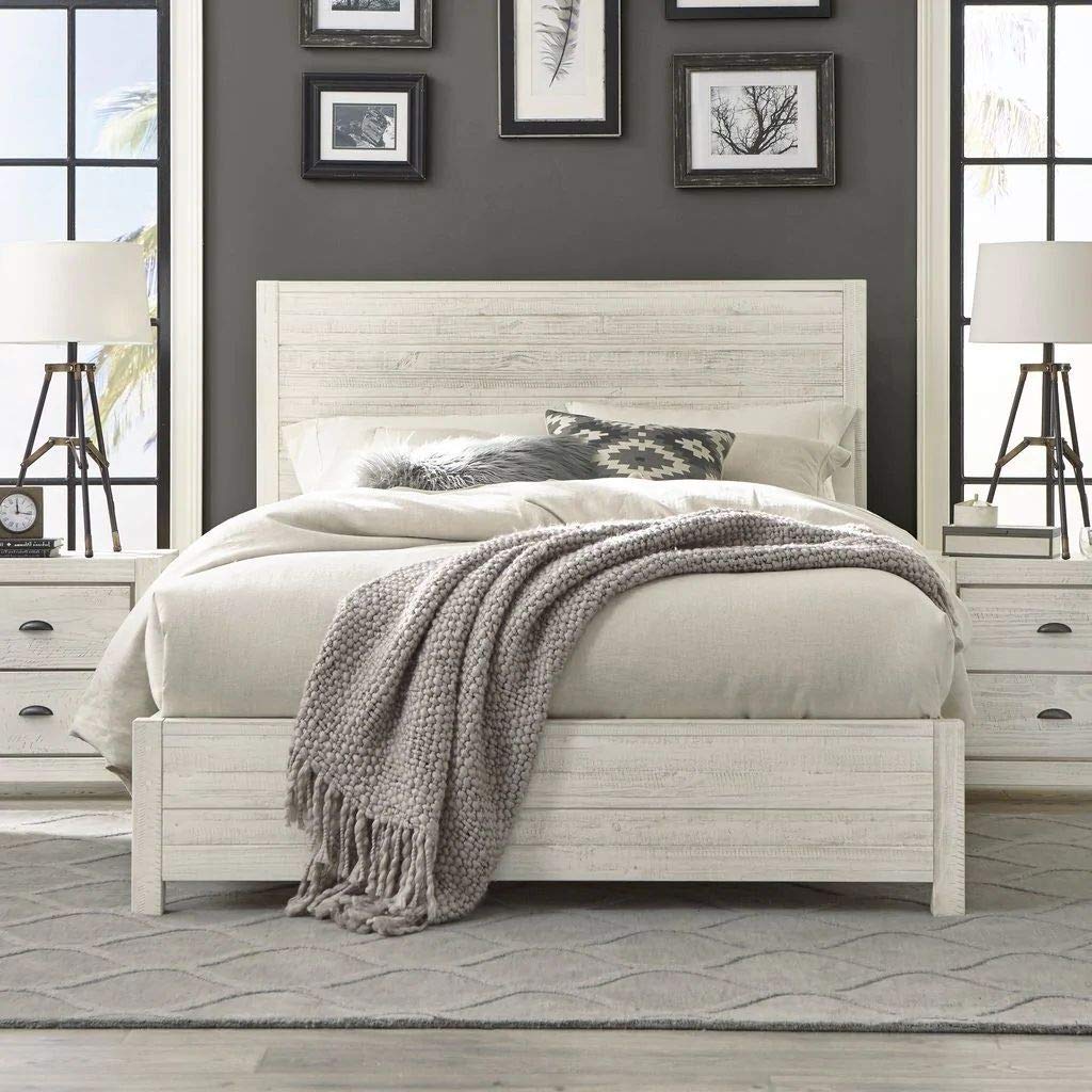 Rustic King Size Platform Bed Frame with Distressed Off-White Headboard for Timeless Farmhouse Elegance - WoodArtSupply