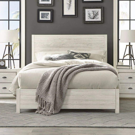 Rustic King Size Platform Bed Frame with Distressed Off-White Headboard for Timeless Farmhouse Elegance - WoodArtSupply