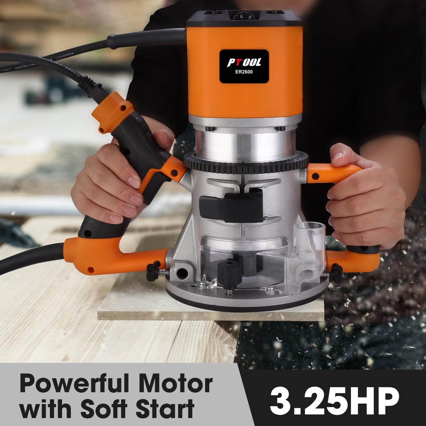 PTOOL 3.25HP/15A Fixed Base Router, Soft Start, 6 Variable Speed from 10000 to 21000RPM, Precise Depth Adjustment, 1/2" Collet, 4.2" Diameter, 3-1/4 HP Industrial Router, Model PT-001 - WoodArtSupply