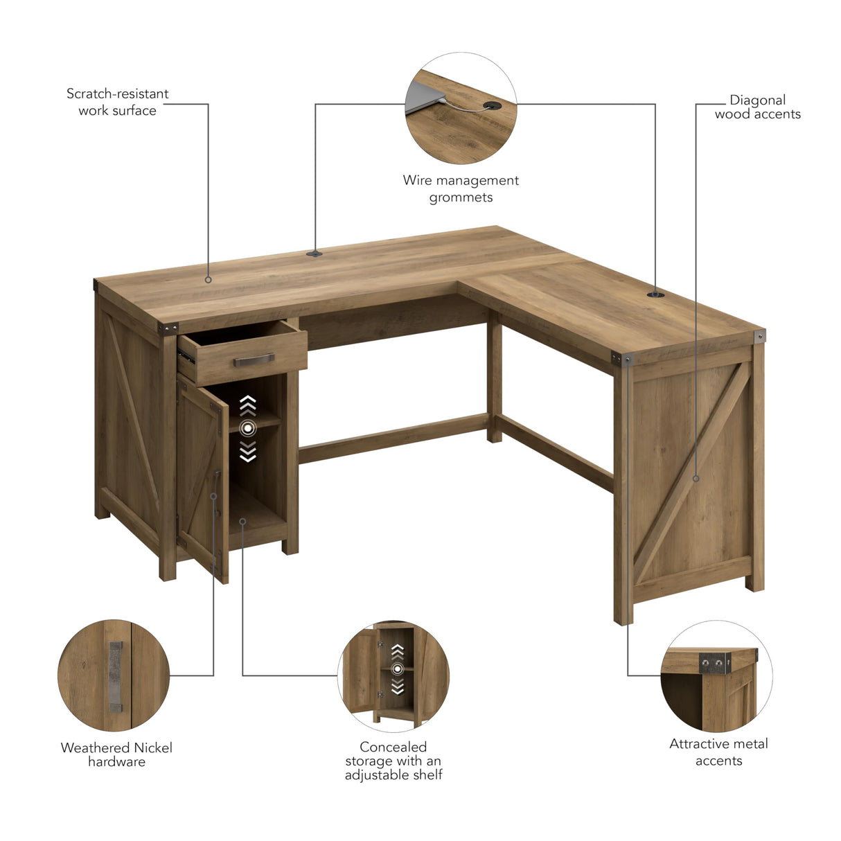 kathy ireland Home by Bush CGD160RCP-03 60-Inch L-Shaped Desk with Drawer, Reclaimed Pine Bush Business Furniture