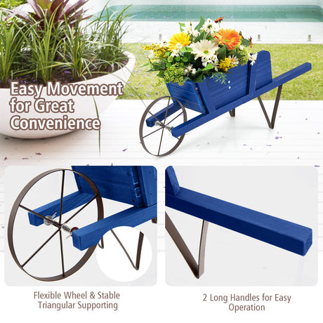 Giantex Wooden Wagon Planter, Small Wheelbarrow Wagon Flower, Indoor & Outdoor Raised Bed W/ 9 Magnetic Accessories, Wheel, 2 Handle, Wood Flower Cart Planter for Garden Backyard Holiday (Blue) Giantex