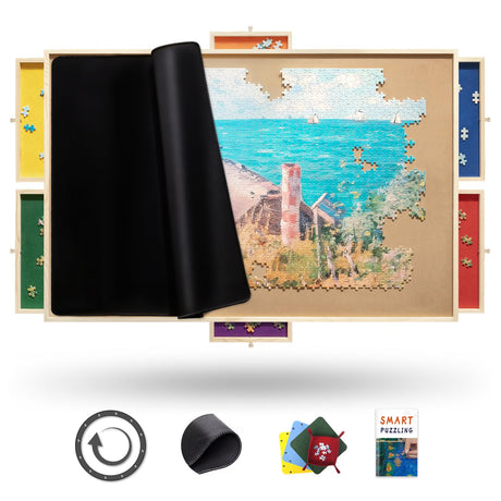 Rnice 2000 Piece Puzzle Board Pro, 41" x 30" with Drawers, Rubber Cover Mat, Sort-Wise Colorful Felt Drawers & 4 Trays, Wooden Jigsaw Puzzle Table, Birthday Gifts for Mom Rnice