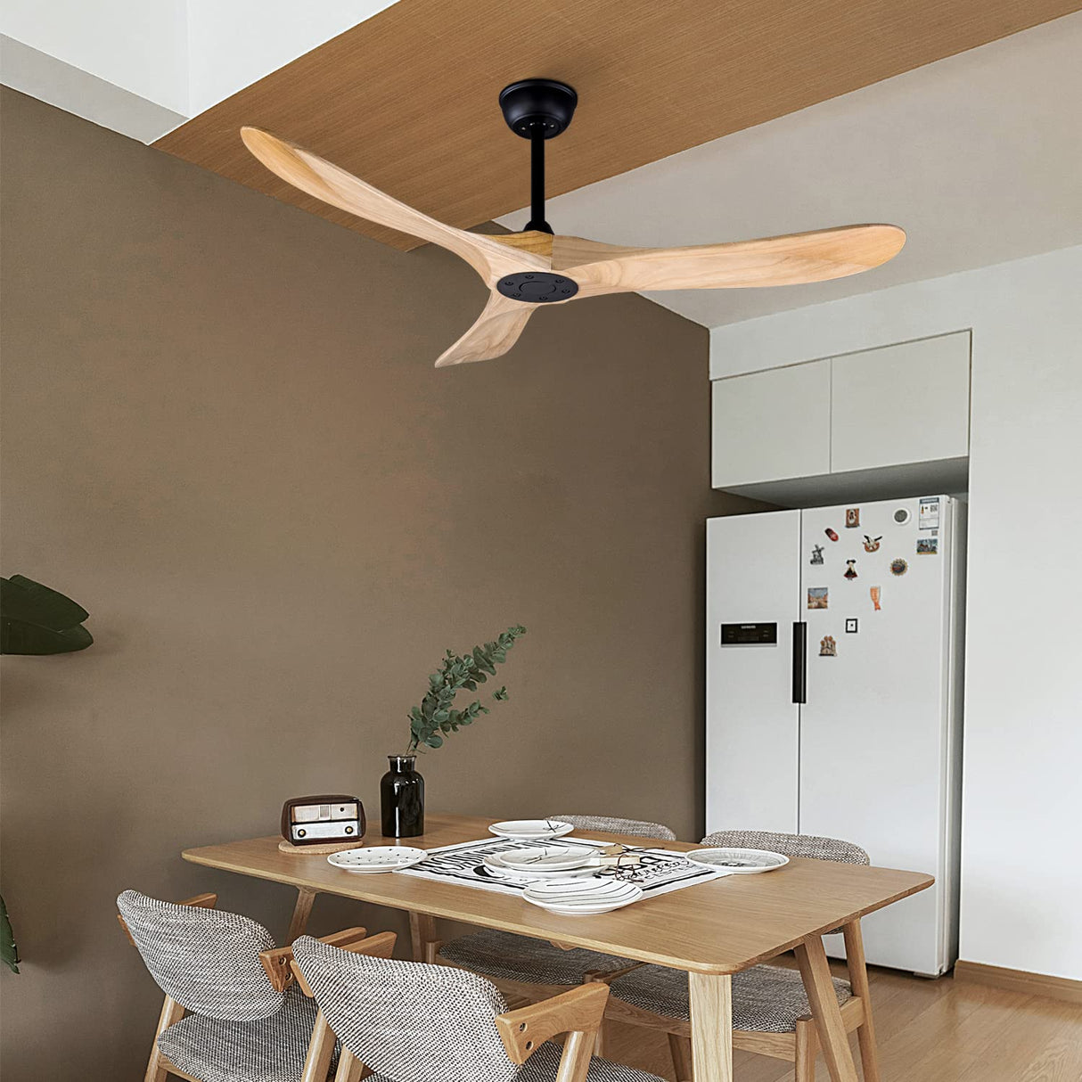 FOBLKS 52" Indoor/Outdoor Wooden Ceiling Fan, 3 Blade DC Ceiling Fan with Remote Control, 2 Downrods, Reversible DC Motor 22W Quiet Energy Saving FOBLKS