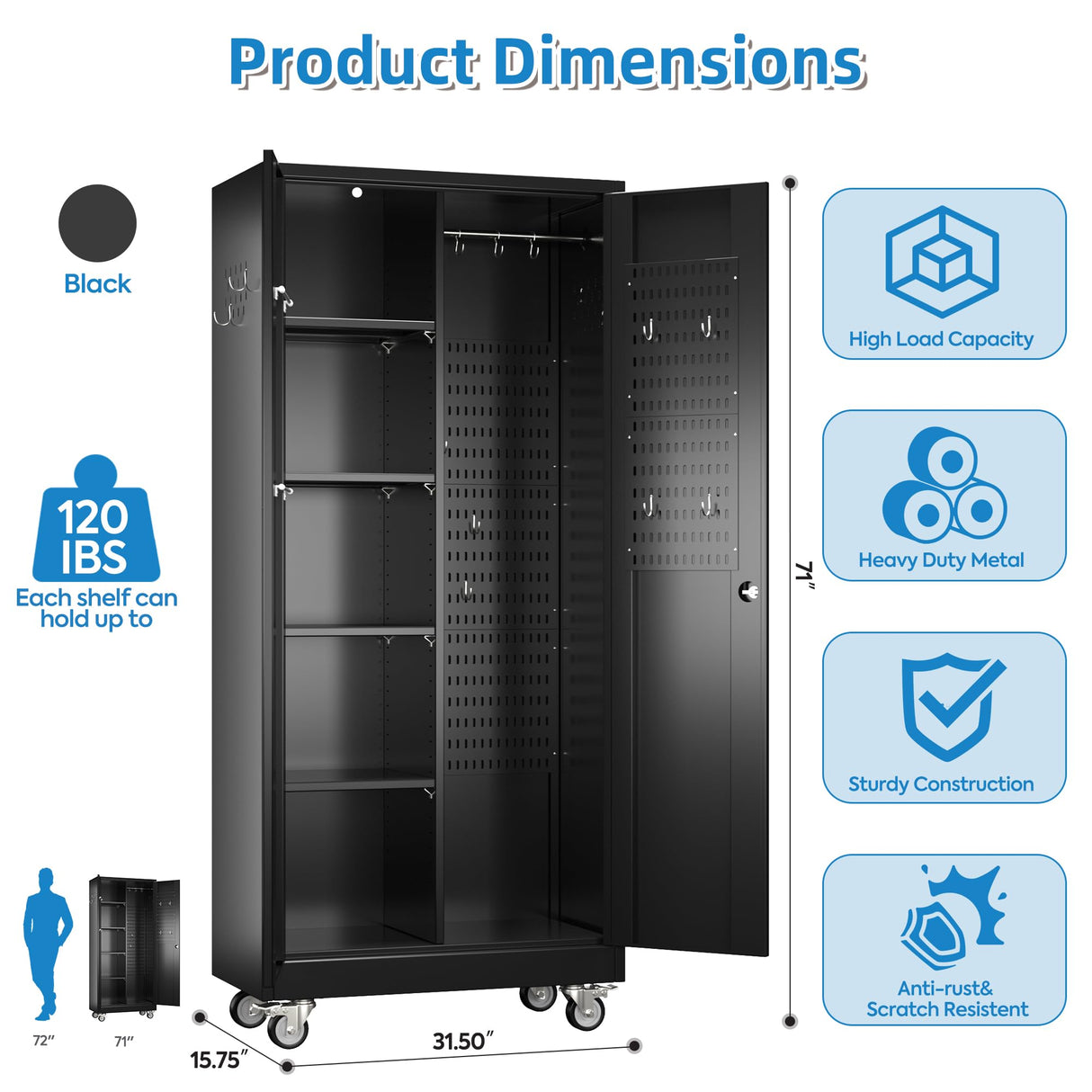 GangMei Garage Storage Cabinet with Wheels and 5 Pegboard, Broom Closet Storage Cabinet with Hanging Rod and 13 Hooks, Metal Cabinets with 4 Shelves for Garage, Home, 71"H x 31.5"W x 15.75"D, Black GangMei