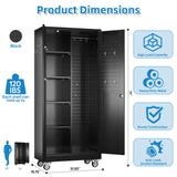 GangMei Garage Storage Cabinet with Wheels and 5 Pegboard, Broom Closet Storage Cabinet with Hanging Rod and 13 Hooks, Metal Cabinets with 4 Shelves for Garage, Home, 71"H x 31.5"W x 15.75"D, Black GangMei