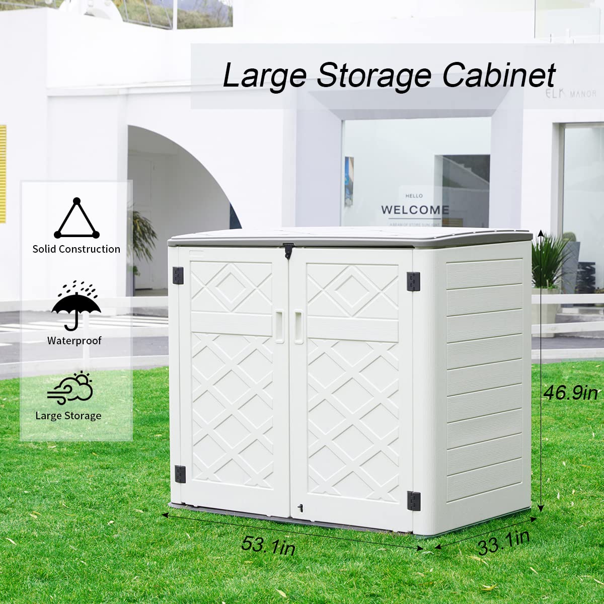 Mrosaa Large Horizontal Storage Sheds,38 cu.ft. Outdoor Storage Box for Garden,Patio and Backyard,Customized Shelves &Lockable(Off White) Mrosaa