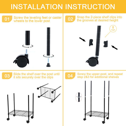 Simple Deluxe Heavy Duty 6-Shelf Shelving with Wheels, Wire Shelving with Hanging Hooks, Adjustable Storage Units, 17.32" D x 11.42" W x 64.96" H, 6 Tier, Black