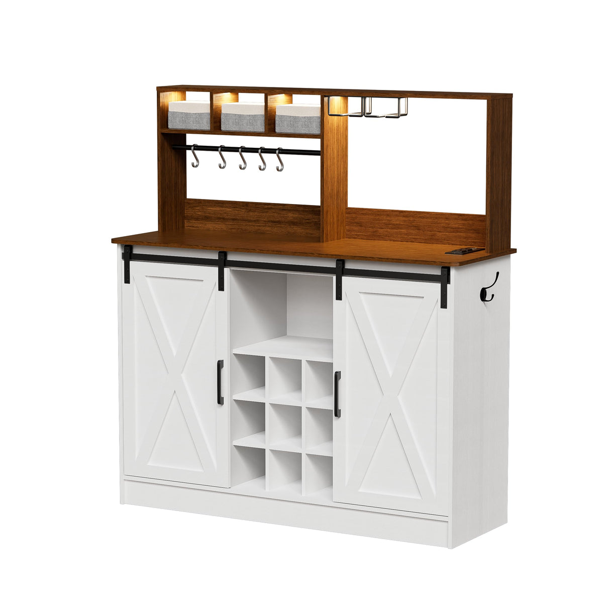 PAKASEPT Coffee Bar Cabinet with Adjustable 20-Color LED Lights and 6.5FT Outlet, Kitchen Buffet Storage Cabinet, 47'' Sideboard Buffet Cabinet with Sliding Barn Door, Adjustable Shelf and Wine Racks PAKASEPT