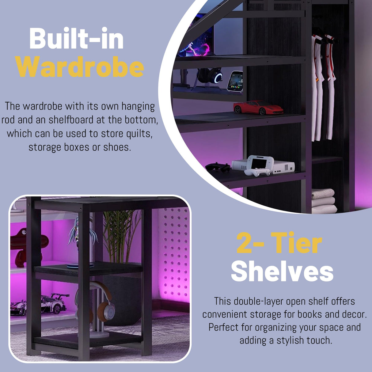 Full Size Loft Bed with Desk,Metal Heavy Duty Full LoftBed with Stairs,Wardrobe and Shelves, High Gaming Loft Beds with LED Light and USB Charging Station for Kids, Teens, Adults, Black Mirightone