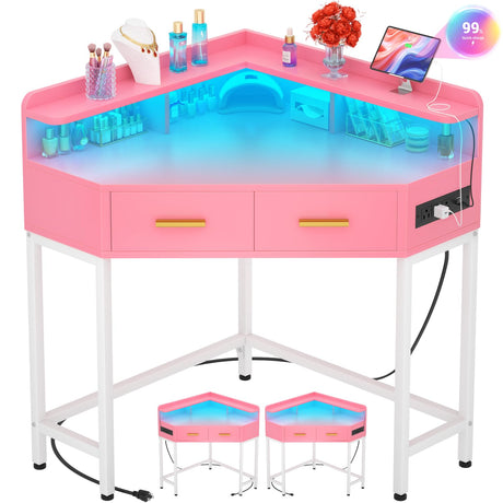 Cyclysio Corner Vanity Desk Without Mirror, Makeup Vanity Table with Lights & Power Outlets, Small Corner Vanity with Drawers for Bedroom,Small Spaces, Pink Cyclysio