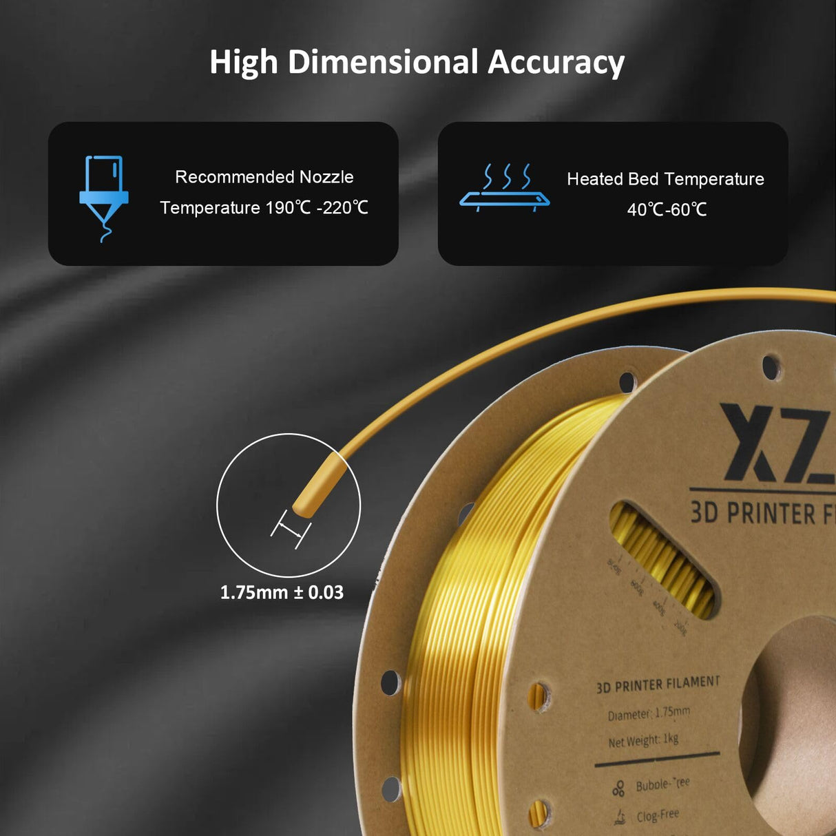 XZN Silk PLA Filament 1.75mm, Metal-Like Shiny 3D Printer Filament, 1kg Spool (2.2lbs), Dimensional Accuracy +/- 0.03 mm, Vacuum Packaging (Silk Gold) XZN
