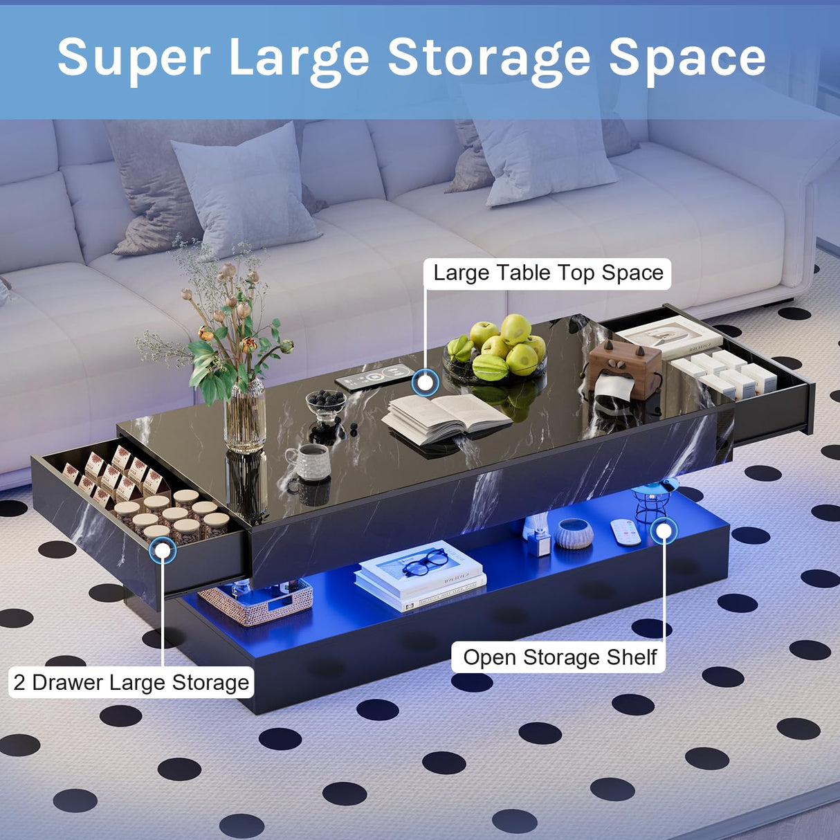 EROMMY 47.2" Modern High Glossy Coffee Table with Double-Layer Design, LED Coffee Table with 2 Sliding Drawers, Living Room Tables with Wireless Charging, 24 Colors LED Lights, APP Control, Black EROMMY