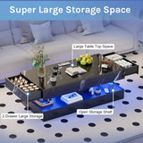 EROMMY 47.2" Modern High Glossy Coffee Table with Double-Layer Design, LED Coffee Table with 2 Sliding Drawers, Living Room Tables with Wireless Charging, 24 Colors LED Lights, APP Control, Black EROMMY