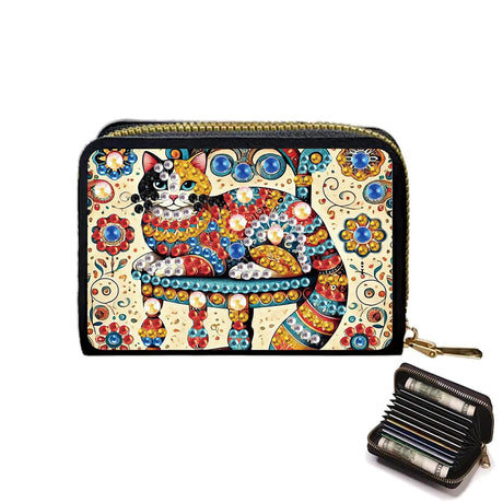 JZHYOAN Diamond Art Credit Card Holder, 4.33x3.14x0.98 Inch DIY Special Pattern Zipper Business Small Wallet Coin Purse Keychain Card Holder Wallet for Woman Adult Man Family-Cat JZHYOAN
