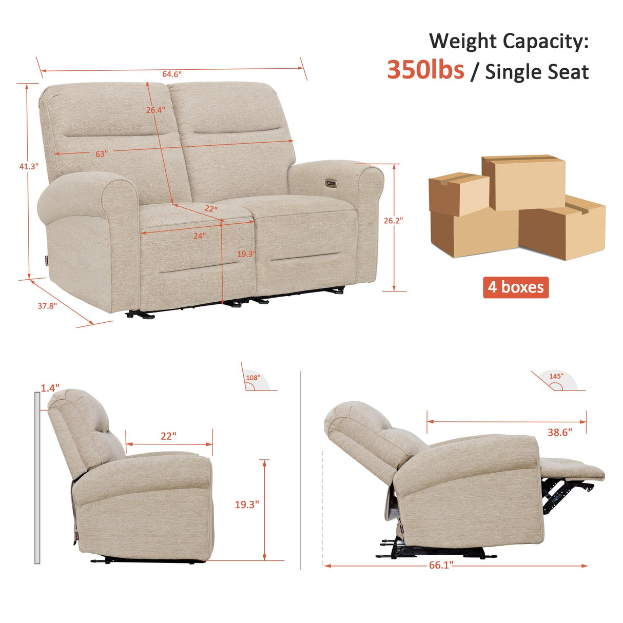 MCombo 64.6" Wall Hugger Power Loveseat Recliner Sofa with USB Ports, Reclining Loveseat for Small Spaces Living Room RV, Fabric PR635M1 (Beige) MCombo