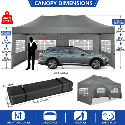 COBIZI 10x20 Pop up Canopy Tent Heavy Duty with 6 Sidewalls, Easy Set-up Commercial Outdoor Party Tent, 100% Waterproof Wedding Tent Gazebo, 3 Height Adjustable with Wheeled Bag,Gray