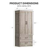 LIKIMIO Armoire Wardrobe Closet with 2 Doors and 2 Drawers 70" H x 28" W Wooden Bedroom Freestanding Wardrobe Combination for Hanging Clothes, Rustic Maple LIKIMIO