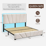 EnHomee Queen Bed Frame with Velvet Headboard and LED Lights, Storage Headboard with Charging Station, Bed Frame Queen Size with Sturdy Wooden Slats Support, Noise-Free, Easy Assembly, Beige EnHomee