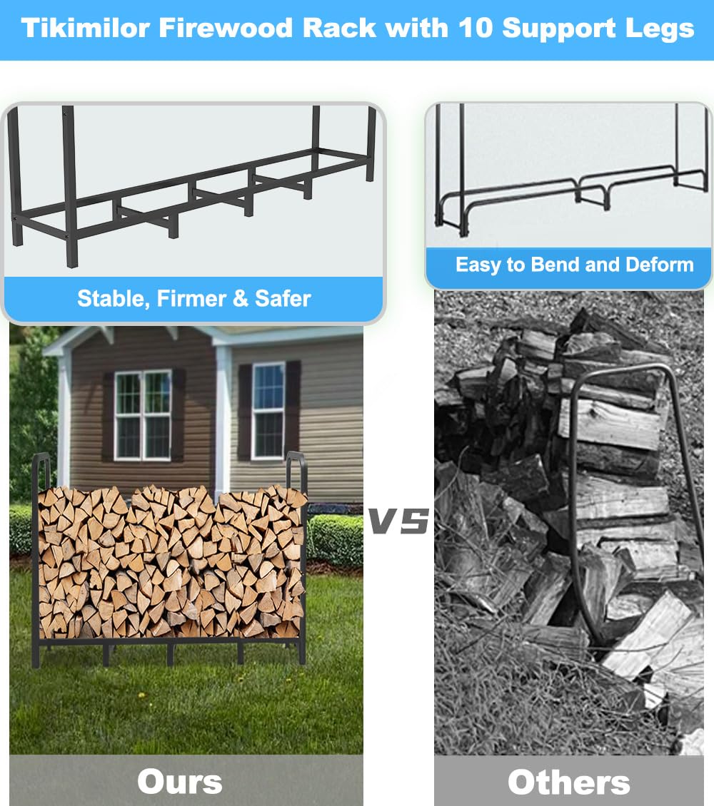 Tikimilor 5.3ft Firewood Rack Holder, Adjustable Heavy Duty Fire Log Stacker Stand for Fireplace, Outdoor Indoor Metal Wood Pile Storage Organizer, Patio Logs Stand tool, Black Tikimilor