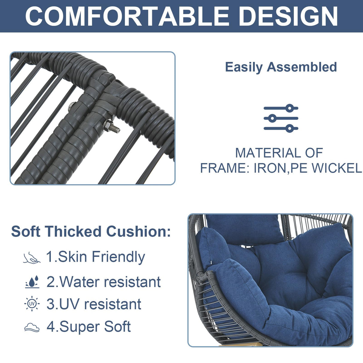 Belord Wicker Egg Chair with Ottoman - 350lbs Capaticy Outdoor Indoor Egg Shaped Basket Lounge Chair with Anti-Rust Stand Water Resistant Cushion with Ties for Patio Balcony Bedroom Living Room Blue Belord