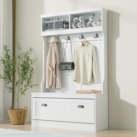 Cozy Castle Hall Tree with Bench and Shoe Storage, Coat Rack with Shoe Storage, 40" Farmhouse Wood Shoe Rack Bench with Drawers and Hooks for Entryway Hallway, White Cozy Castle