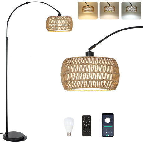 Arc Floor Lamps for Living Room with 3 Color Temperatures, Black Standing Lamp with Remote & Dimmable LED Bulb, Rattan Boho Floor Lamp, Farmhouse Tall Lamp for Bedroom, Over Couch Arched Reading Light eyassi