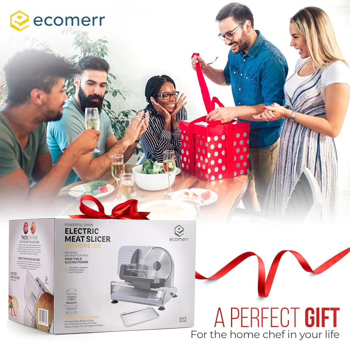 Meat Slicer, 200W Powerful Electric Food Slicer-Deli Meat Slicer Machine for Home Use for, Cheese, Bread, Vegetables-2 Round 7.5" Stainless Steel Blade, Child Lock Protection & Adjustable Thickness Ecomerr