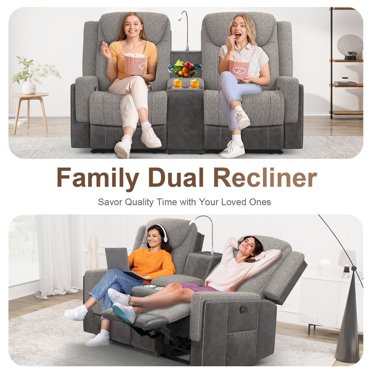 Dresegmt Loveseat Recliner, Manual Reclining Loveseat Sofa with Reading Light, Chic Blend Style Sofa, Storage Console, Cup Holders, USB Ports, Fabric & PU Leather, Recliner Couch for Living Room/RV Dresegmt