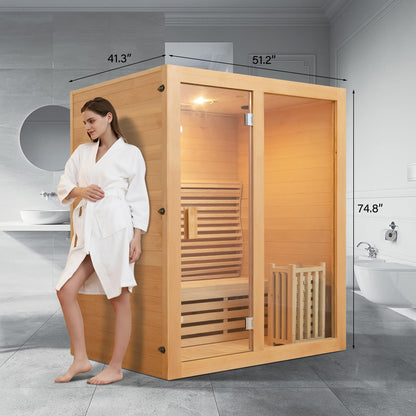 ZONEMEL Wooden Steam Sauna Room, 2 Person Canadian Hemlock Luxurious Indoor Sauna with 3 KW Harvia Stove Heater, Bluetooth Speaker, Sauna Stone, Wooden Bucket, Scoop, Reading Light, Hourglass - WoodArtSupply