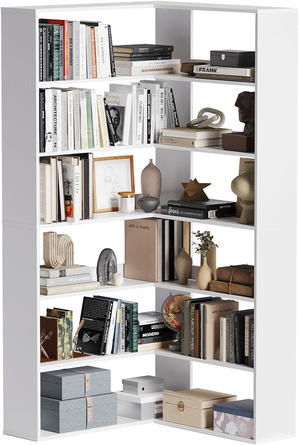 oneinmil Bookcase 6 Tiers with Baffles, 35.2" Large Corner Bookshelf, Storage Display Rack for Living Room Home Office, White oneinmil