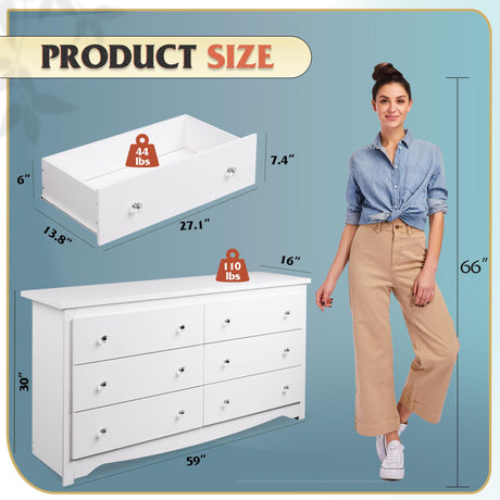 WLIVE White Dresser with 6 Drawers, 59“ Wide Wooden Chest of Drawers for Bedroom, Modern Dresser Closet Storage Organizer for Living Room Hallway WLIVE