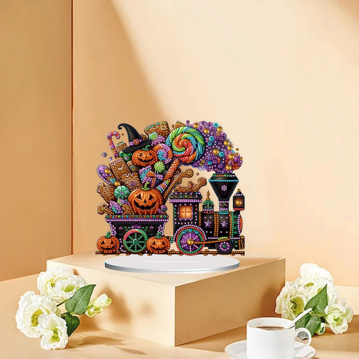 NQRSBUI DIY Halloween Tabletop Diamond Art Painting Kit, Special Shaped Diamond Painting Desktop Ornament, Double Sided Diamond Art Desktop Kits for Home Office Decor (Halloween Train) NQRSBUI