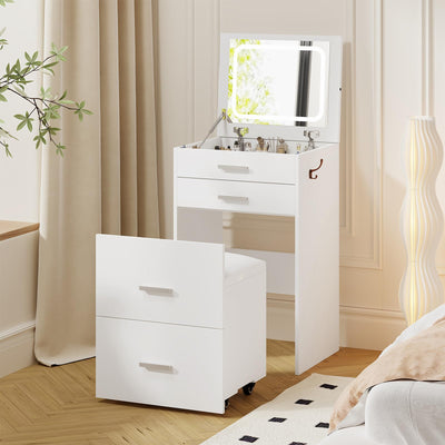 Airynee 3 in 1 Vanity Desk, Compact Vanity with 3 Drawers, Makeup Desk with Flip-up 3 Colors Lighting Mirror and Cushioned Stool, Small Vanities Nightstand Perfect for Bedroom, White