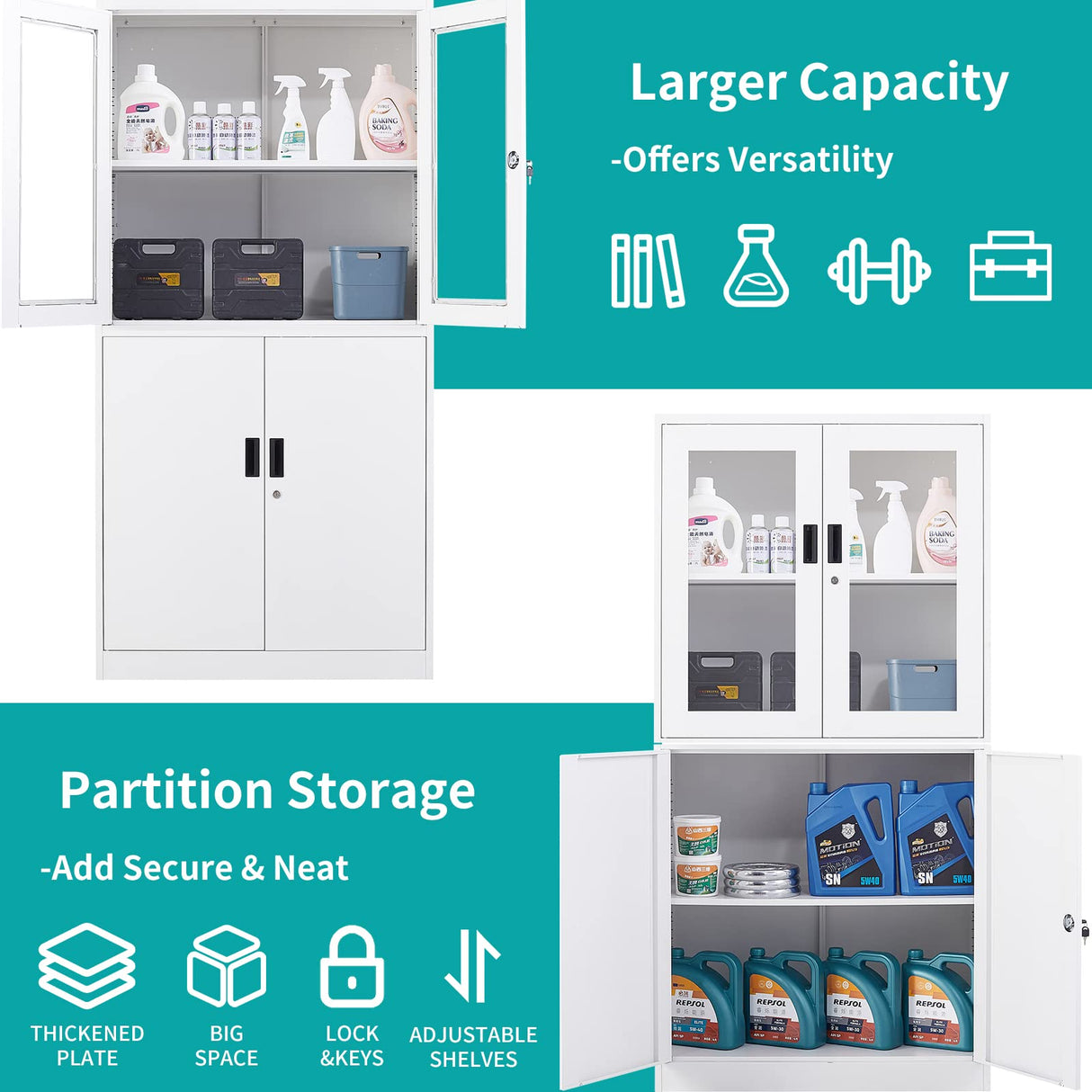 MIIIKO Metal Storage Cabinet with Glass Doors, 2 Tier White Steel Cabinet with Adjustable Shelves and Locking Doors, for Home Office, School and Hospital MIIIKO