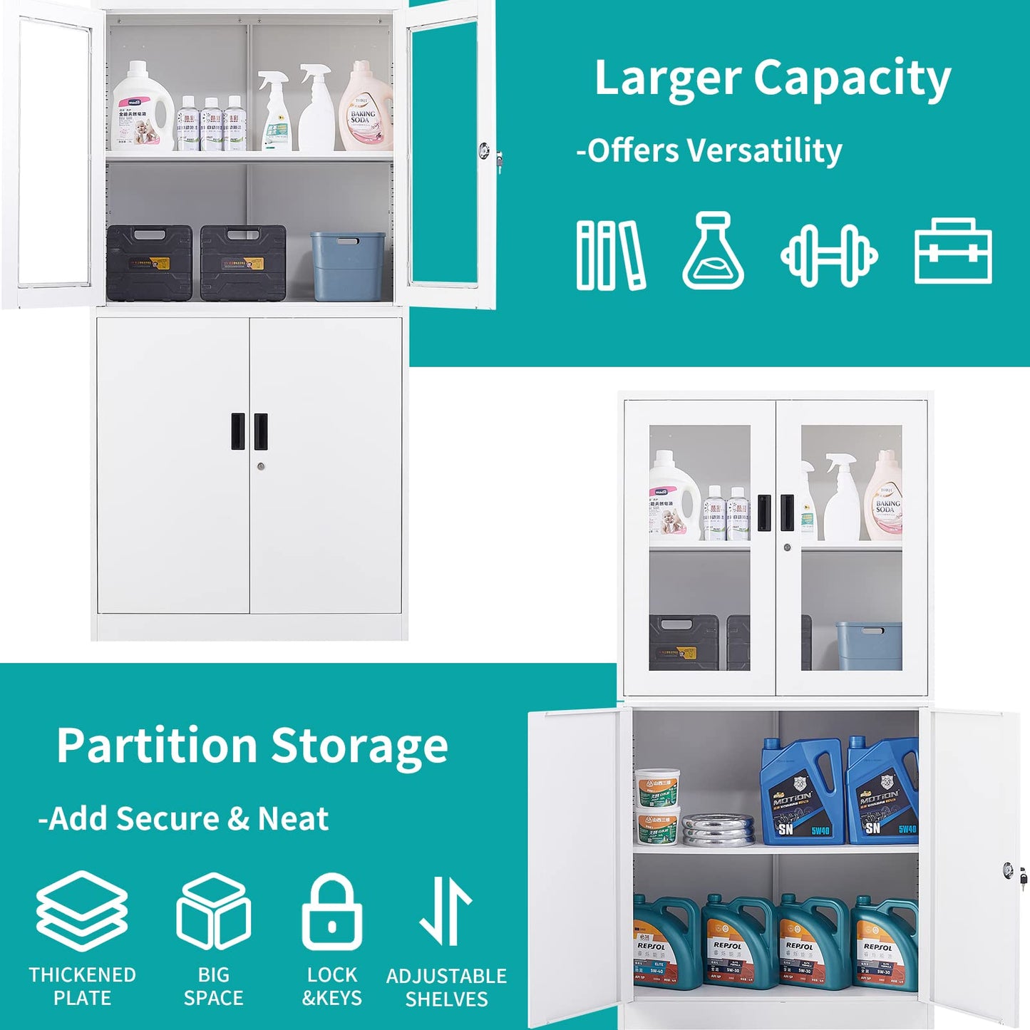 MIIIKO Metal Storage Cabinet with Glass Doors, 2 Tier White Steel Cabinet with Adjustable Shelves and Locking Doors, for Home Office, School and Hospital - WoodArtSupply