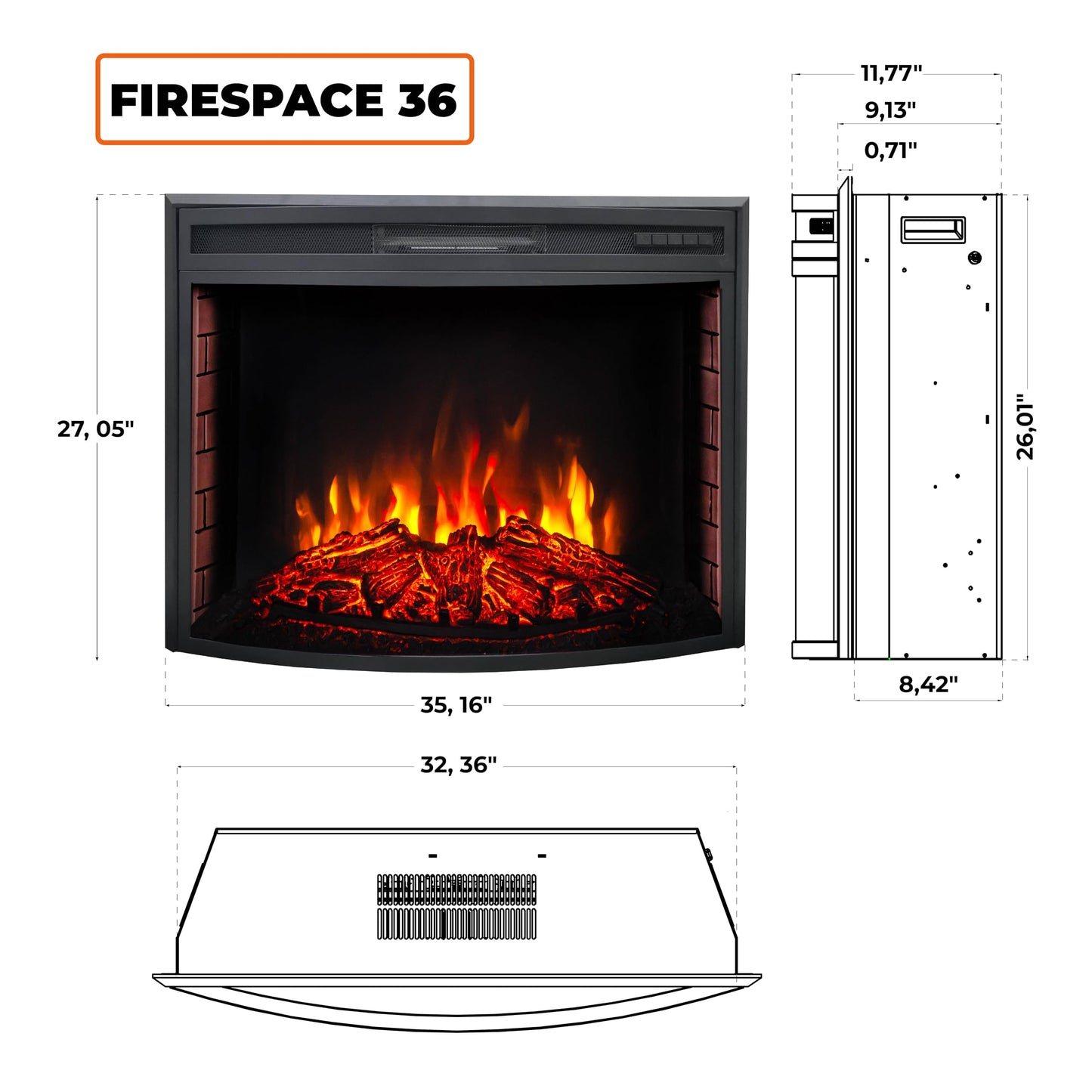 FIREBLAZE Firespace 36” Curved Glass Electric Fireplace Insert, 36 inch Wide Recessed, Infrared Quartz Heater with Crackling Sound, Remote Control, Timer and overheating Protection