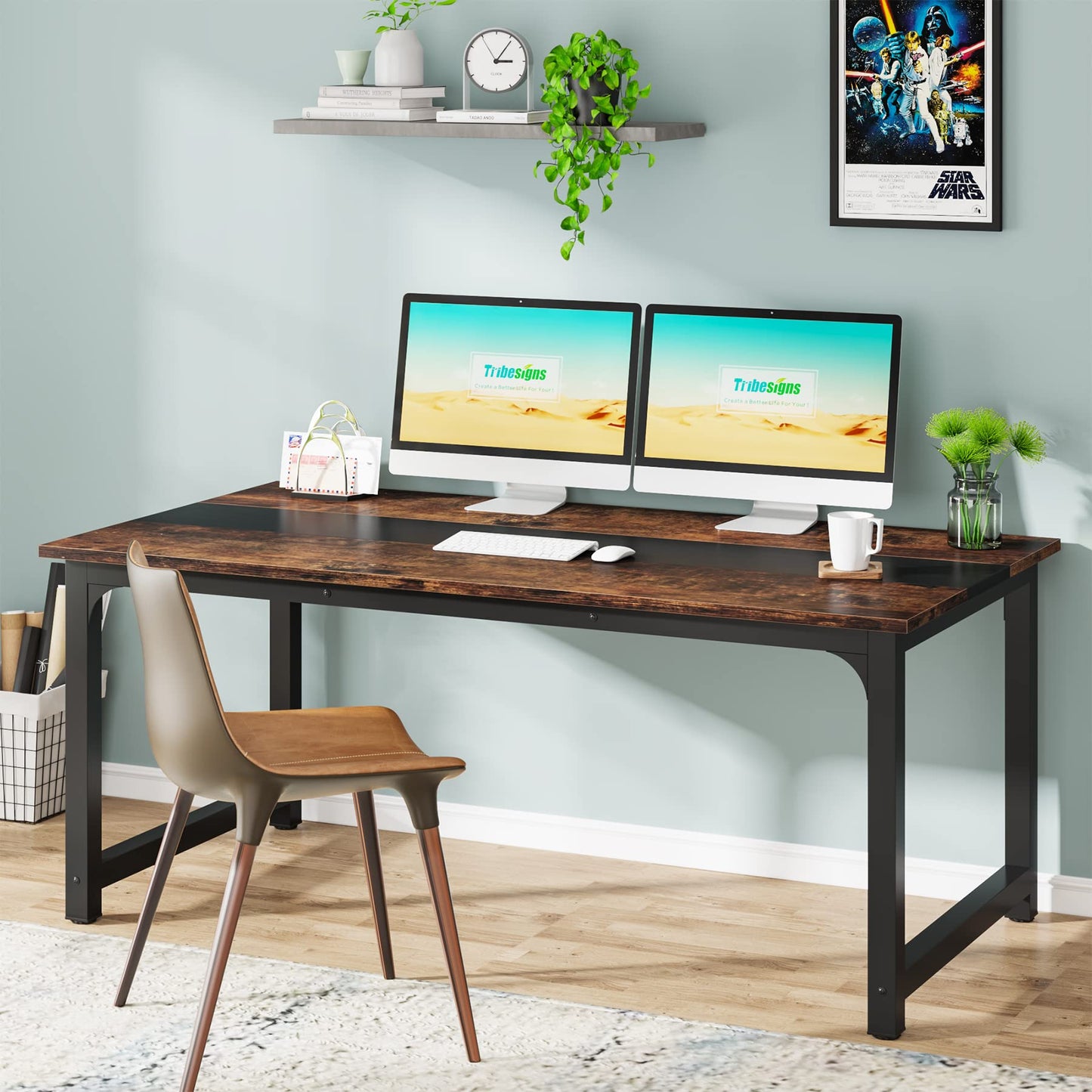 Tribesigns Modern Computer Desk, 63 x 31.5 inch Large Office Desk Computer Table Study Writing Desk Workstation for Home Office, Rustic/Black - WoodArtSupply