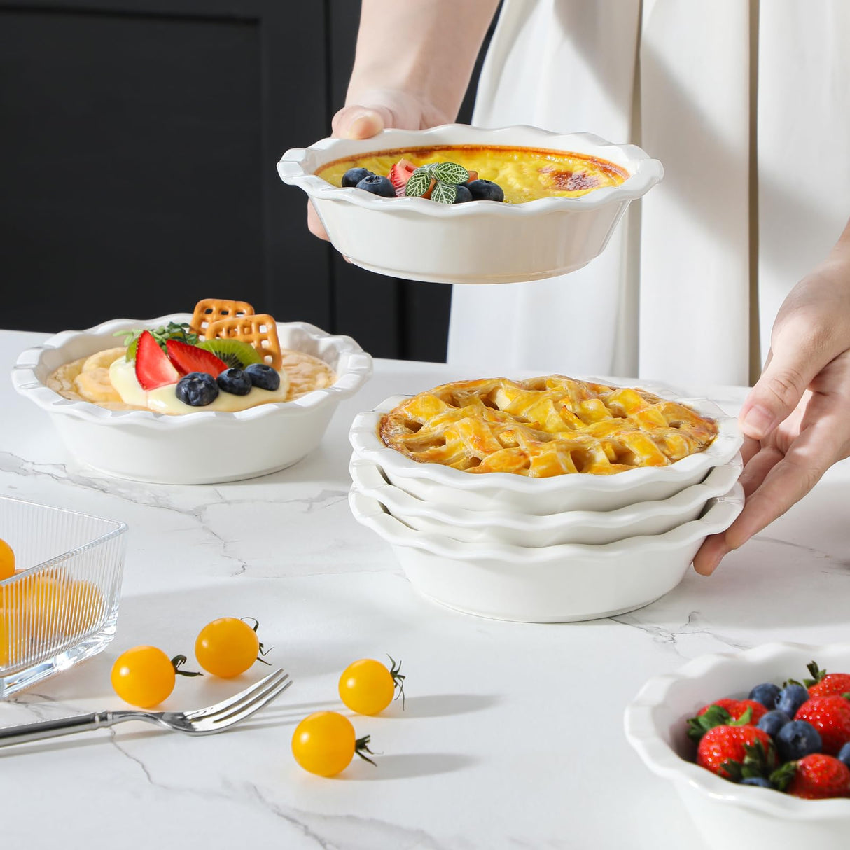 MALACASA Pie Pan, 12 OZ Mini White Pie Dish Set of 6, Ceramic Pie Dish for Baking, Small Quiche Baking Dish for Oven, Round Pie Plates Tart Pans, Fluted Dish Pie Pan for Quiches, Series BAKE MALACASA