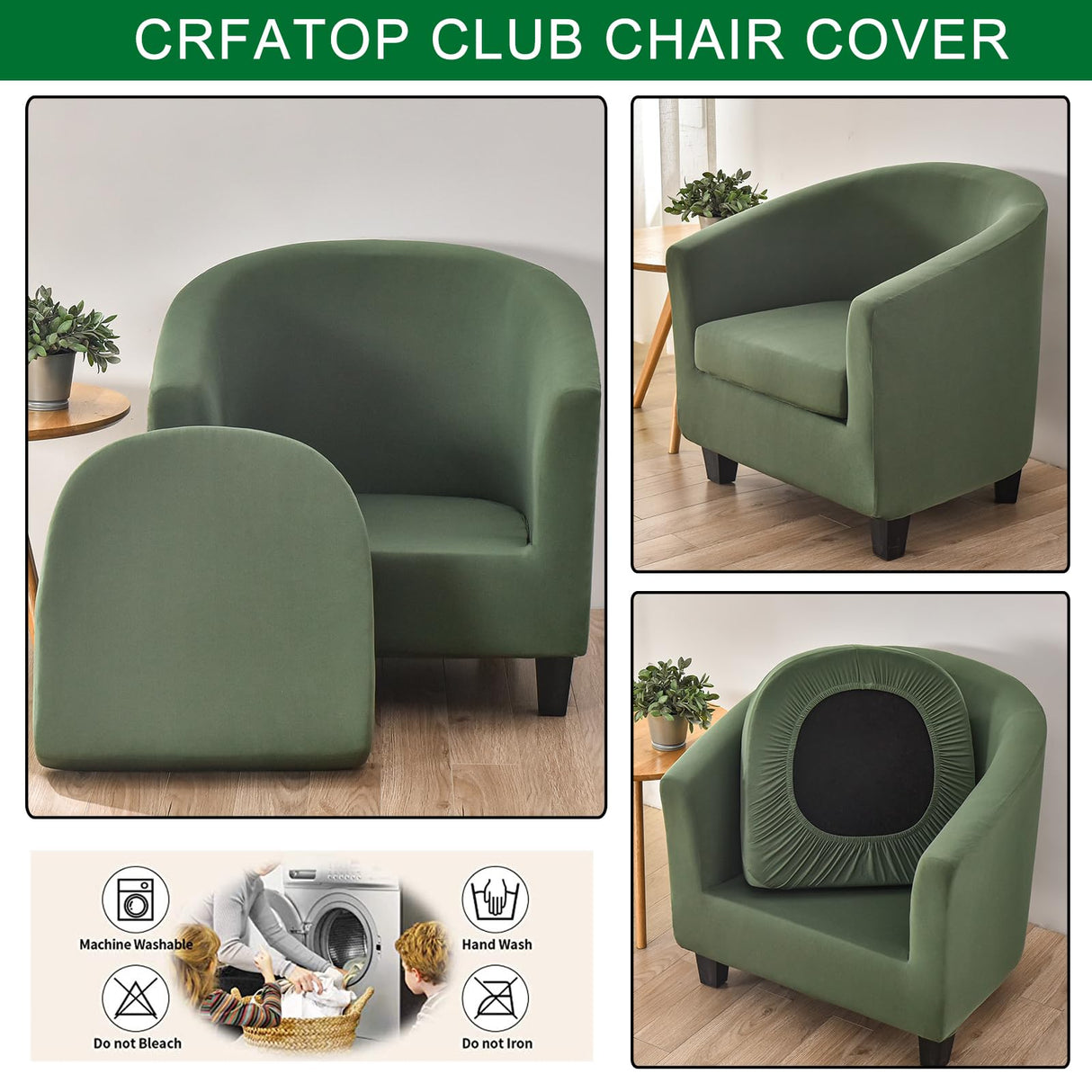 CRFATOP 2 Piece Club Chair Slipcover Stretch Barrel Chair Covers Solid Tub Chair Slipcovers Soft Armchair Covers Removable Furniture Protector Arm Chair Cover for Living Room,Green CRFATOP