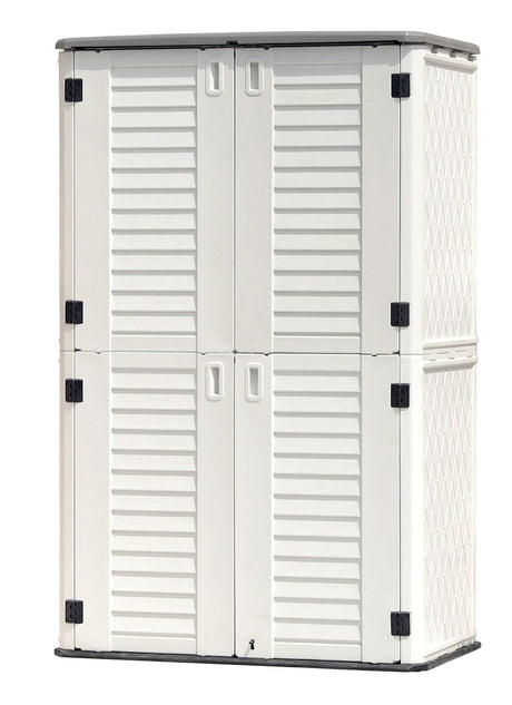 KINYING Outdoor Storage Shed Waterproof, Resin Vertical Storage Cabinet Double-Layered, Versatile to Store Patio Furniture, Garden Tools, Pool Accessories,Mower (66 Cu.ft,White) KINYING