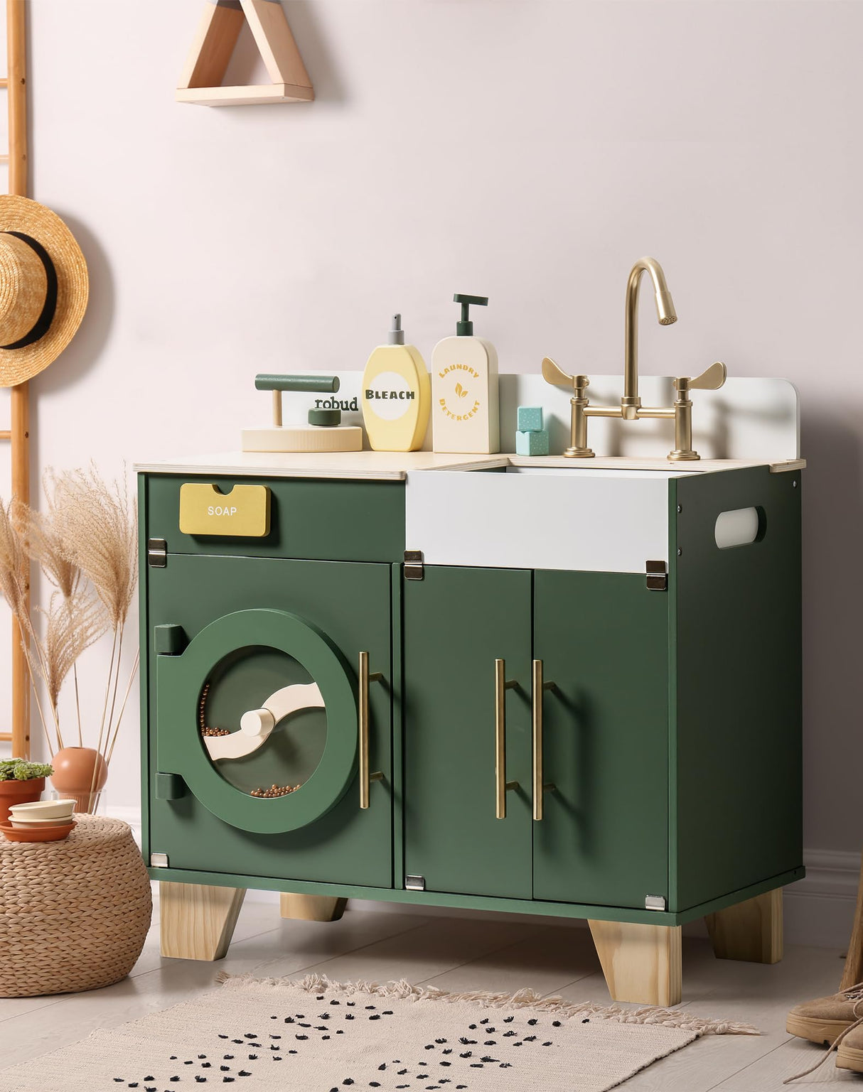 ROBUD Kids Play Kitchen - Wooden Multi-Function Washing Machine for Kids Kitchen Playset - Pretend Toddlers' Kitchen Toy Washer with Accessories - Perfect Baby Gift for Ages 3-8 ROBUD