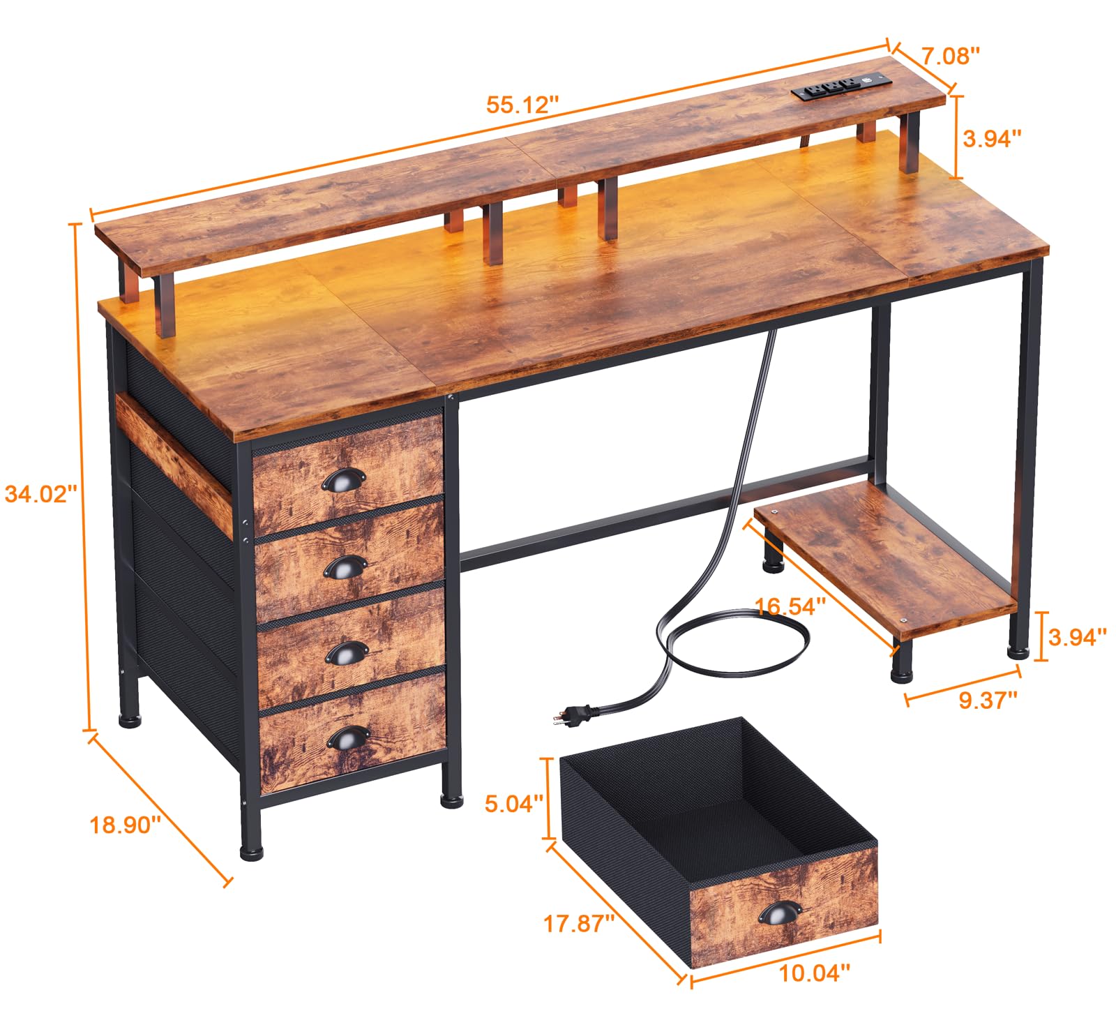 Furologee 55in Computer Desk with 4 Drawers, LED Gaming Desk with Power Outlets, Office Desk with Full Monitor Stand and Storage Shelf, Study Work Desk for Home Office Bedroom, Rustic Brown - WoodArtSupply