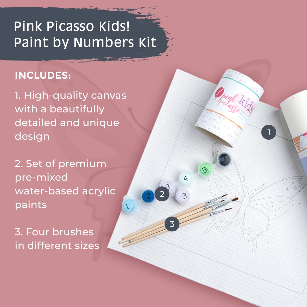 Pink Picasso Kits Paint by Number for Kids Ages 8-12 | DIY Beginner Kids Craft Kit Acrylic Paint Canvas Painting Art Kits & Wall Decor as Seen On Shark Tank | (Butterfly) 8x10-Paint Kit Set Pink Picasso