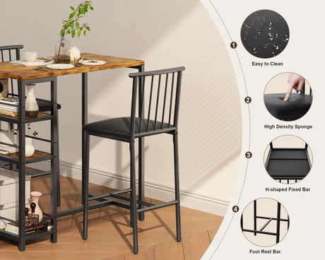 Gizoon Retro Dining Table Set for 2 with 3 Storage Shelves and PU Cushion Chairs Gizoon