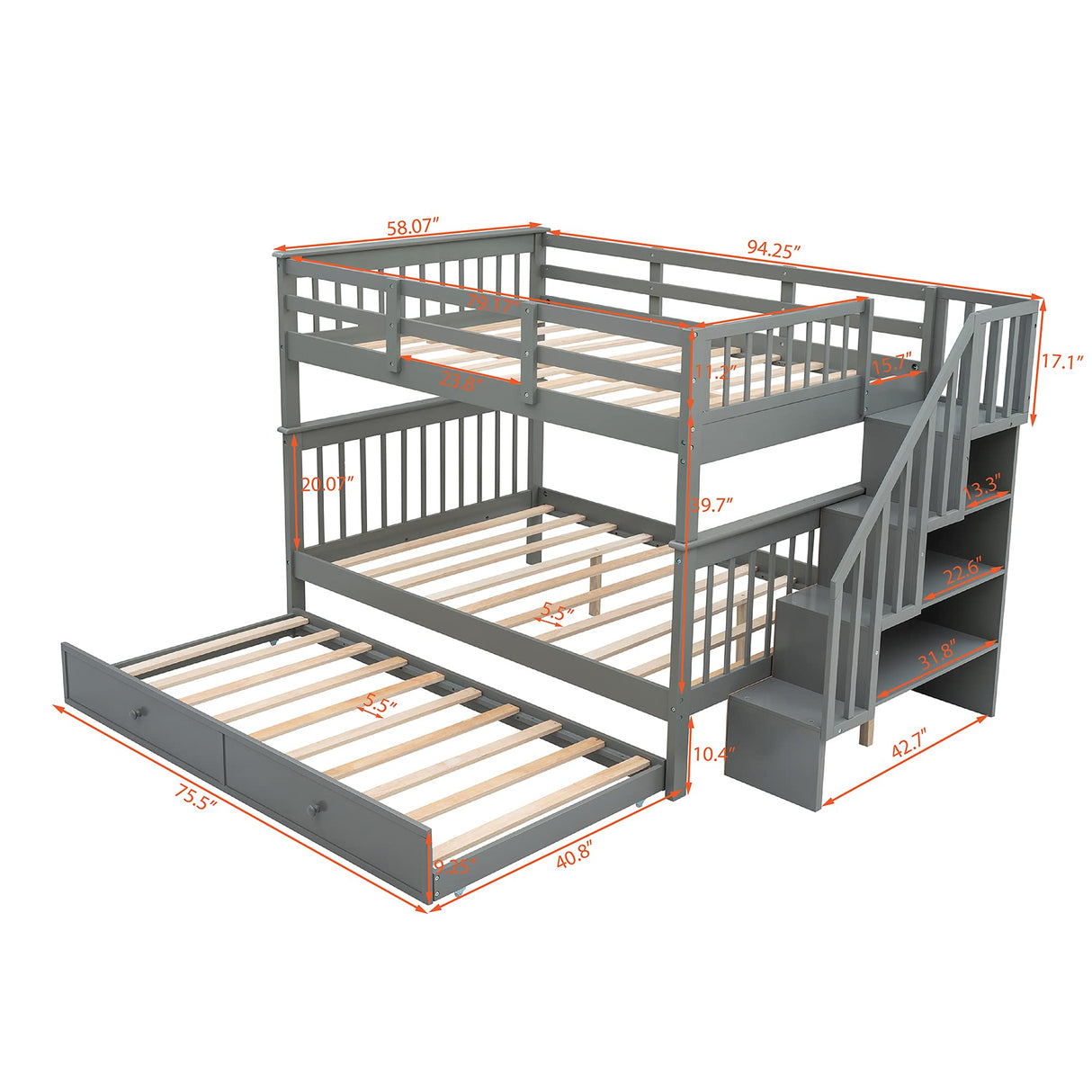 Harper & Bright Designs Full Over Full Bunk Bed with Stairs and Trundle, Wooden Bunk Bed Frame with Storage, for Kids Teens Adults - Gray Harper & Bright Designs