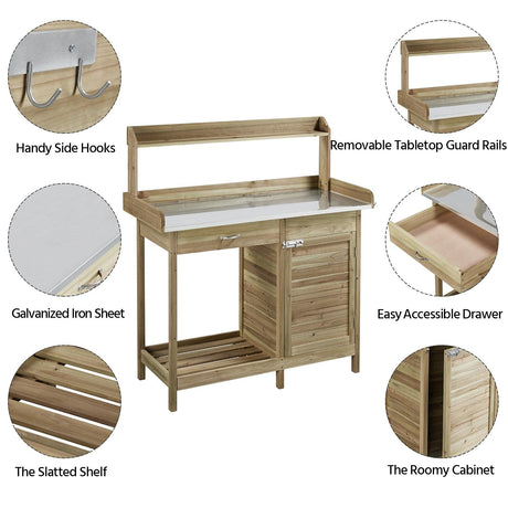 Topeakmart Garden Potting Bench Potting Table ACQ Lumber Wood Outdoor Work Station Work Bench Planting with Cabinet & Drawer & Top Shelf & Lower Shelf Light Green Topeakmart